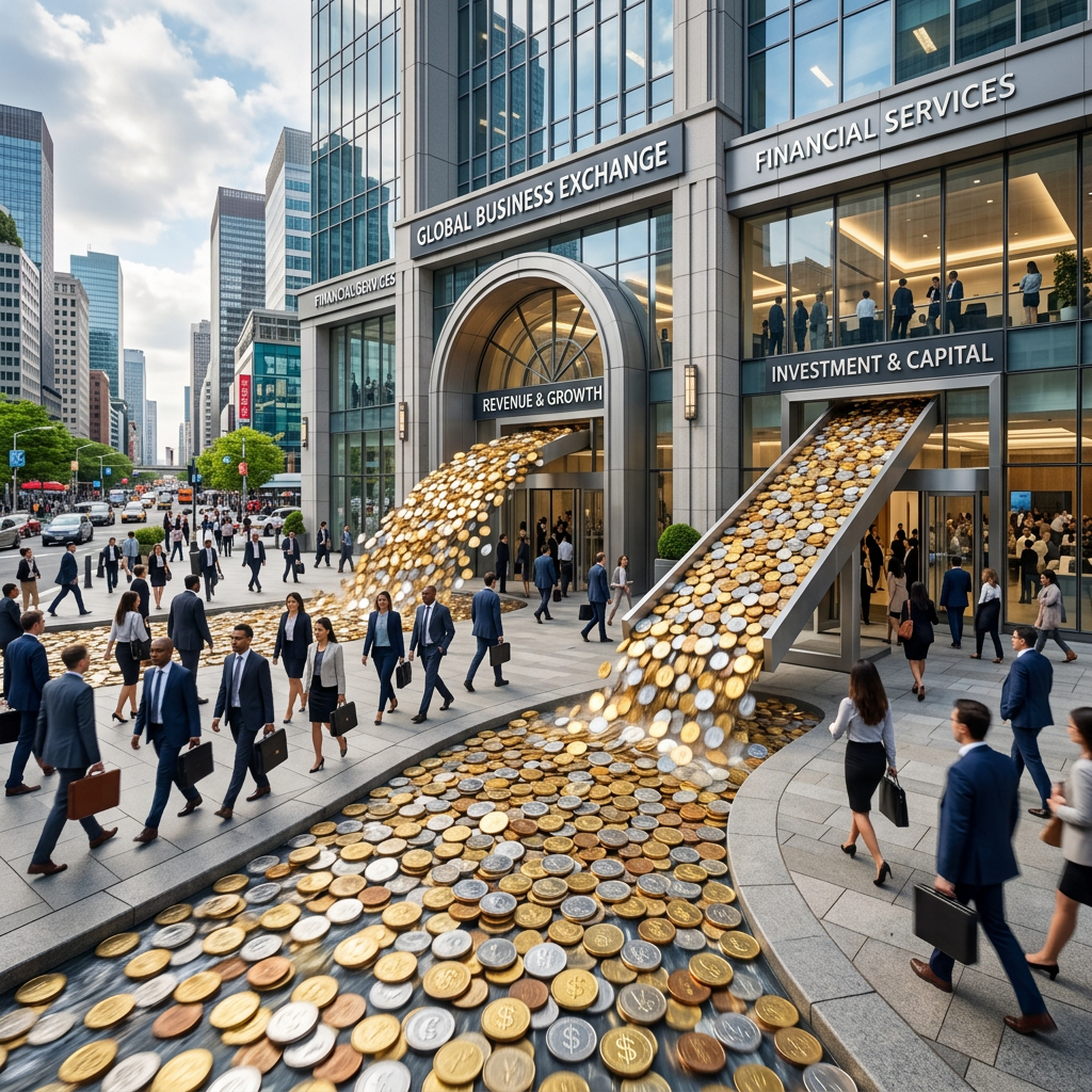 Streams of gold, silver, and bronze coins flowing from a business exchange building while business people walk by